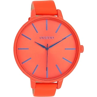 Afbeelding van Oozoo Timepieces Dameshorloge met leren band, hoogwaardig dameshorloge, elegant analoog rond horloge, rood/oranje/print, armband