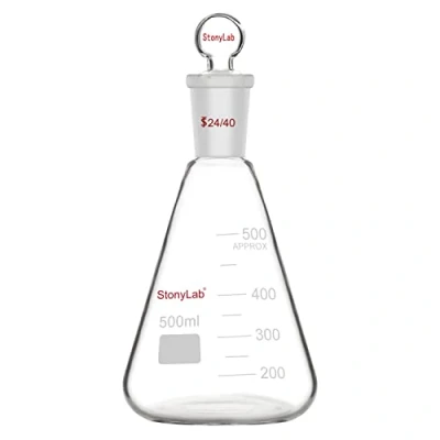 Afbeelding van stonylab Erlenmeyer glazen fles met deksel, 500 ml dikwandige borosilicaatglazen buitenafdichting, conisch standaard 24/40 en sluiting