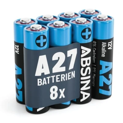 Afbeelding van ABSINA 8 stuks 27 A 12 V alkalinebatterijen voor garagedeuropener en nog veel meer, mini V, lekvrij lange levensduur, MN27 A27 batterij