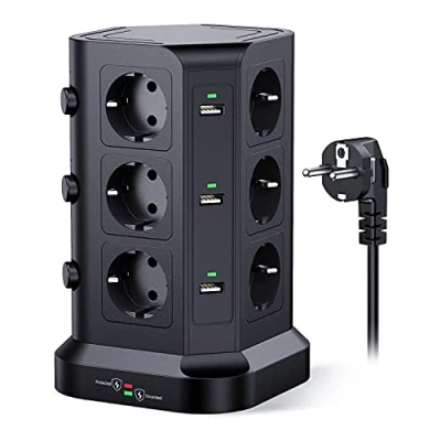 Image de KOOSLA Tour multiprise parafoudre et surtension(4000W/16A), Electrique avec 6 Ports USB 12 Prises, 3 Interrupteurs, 2M Cordon, Noir