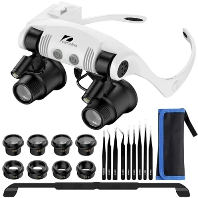 Afbeelding van Pancellent vergrootglas voor horlogereparatie, aan de voorkant, 4 afneembare lenzen, 2 ledlampen, handsfree leesbril om te lezen, sieradenvergrootglas, elektronische reparatie