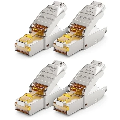 Afbeelding van deleyCON 4 x CAT7 RJ45 netwerkstekker zonder gereedschap afgeschermd 10 Gbit/s 600 MHz voor stijve installatiekabels ruwe kabels Ethernet LAN DSL patchkabel