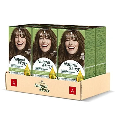 Image de Schwarzkopf, Natural &amp; Easy Lot de 6 teints capillaires permanents nourrissants avec huile d&#039;olive et extrait lavande, couverture cheveux blancs, teinte 560 châtain clair naturel