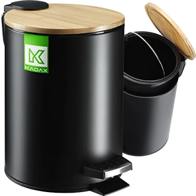 Afbeelding van KADAX Afvalemmer voor badkamer, 3 liter, 5 kleuren, kleine afneembare container met bamboedeksel, badkamer en toilet (zwart)