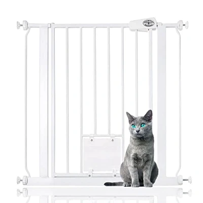 Afbeelding van Bettacare veiligheidshek voor huisdieren met afsluitbaar kattenluik, 75 cm 83 cm, wit, hoog, honden kattenklep, eenvoudige installatie