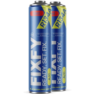 Afbeelding van FIXFY 5 in 1 koelmiddelvervanger R134a met olie, droger, stopverf, gas en UV kleurstof, 2 x 500 ml blikjes om zelf te vullen airconditioning voertuigen van 1995 tot 2016