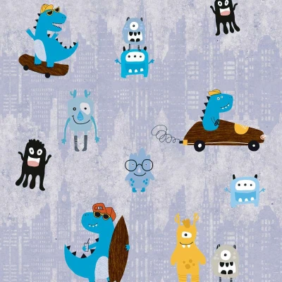 Afbeelding van GEKKE DINO&#039;S EN MONSTERS BEHANG Kinderkamer blauw geel bruin zwart A.S. Création Little Love