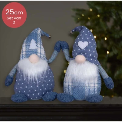 Afbeelding van Dromerig handgemaakt Gnomen duo blauw slaapmuts met hartje en kerstboom 25(40)cm
