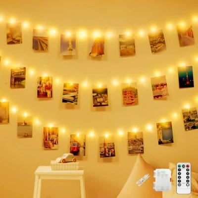 Afbeelding van CNMTCCO Lichtsnoer met 100 leds fotoclips, 10 m, werkt op batterijen 50 clips om te hangen, afstandsbediening, 8 modi, voor slaapkamer, bruiloft, verjaardag, feest