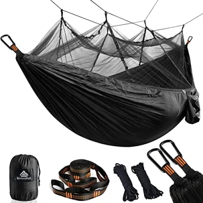 Afbeelding van NATUREFUN Camping hangmat van reisnet, draagkracht 300 kg, (275 x 140 cm) ademend, sneldrogend parachutenylon, 2 hoogwaardige karabijnhaken, 4 riemen