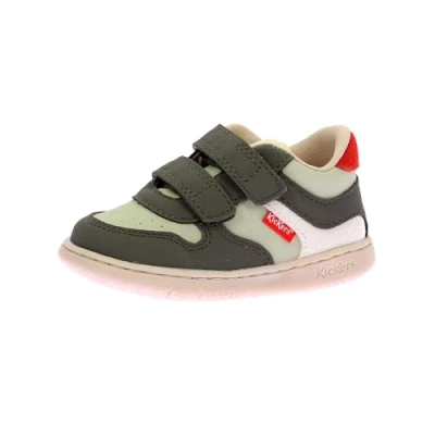 Afbeelding van Kickers Kickmotion Unisex Sneakers laag voor kinderen, Maat: 20, Kaki/vert/blanc Leer en imitatieleer