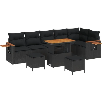 Afbeelding van vidaXL 9 delige Tuin Sofa Set met Kussens Zwart Poly Rattan Acacia, 3 Eettafel Acacia