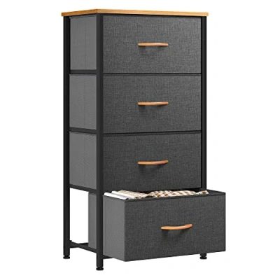 Afbeelding van kast met 4 laden van stof, opbergcommode, industriële stijl voor slaapkamer, woonkamer, kinderkamer, hal, donkergrijs opbergkast