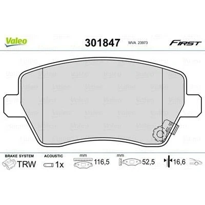 Afbeelding van VALEO 301847 Remblokkenset FIRST Vooras Incl. slijtage waarschuwingscontact Zonder anti kreukplaat SUZUKI: SWIFT 3, Splash, OPEL: Agila B