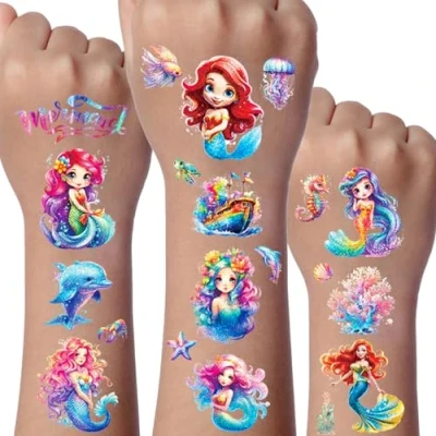 Image de Sirène Tatouage Enfant, 12 Feuilles Ephemere Paillette Fille, Tatouages Decoration Anniversaire Enfants, Cadeau pour Filles