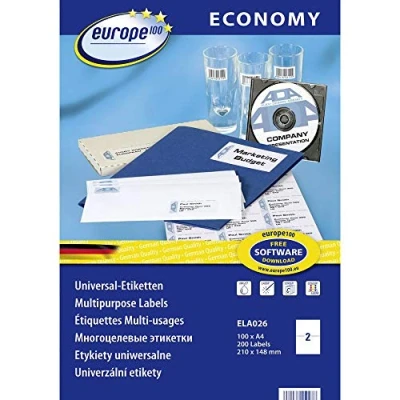 Afbeelding van Europe 100 ELA026 Universele etiketten 210 x 148.5 mm Papier Wit 200 stuk(s) Permanent hechtend Inkjet, Laser (zwart/wit), (kleur), Kopiëren