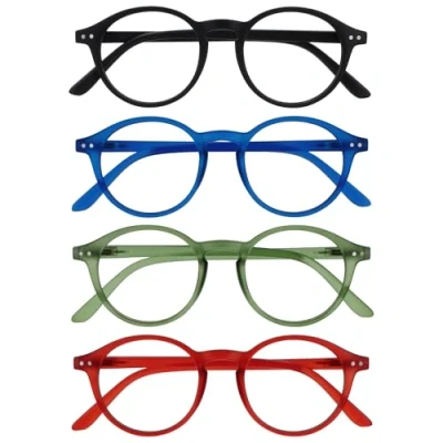 Afbeelding van OPULIZE REY Leesbril, set van 4, retro rond montuur, matzwart, blauw, groen, rood, heren en dames, veerscharnieren RRR56 136Z +2.00