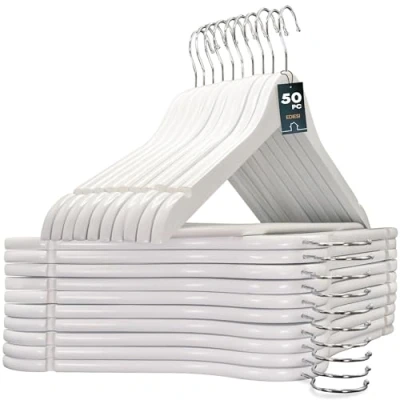 Afbeelding van edihome, Cintres Bois, Lot de 50, Barre Antiglisse pour Pantalons, avec Encoches Antiglisse, Crochet Pivotant 360, Costumes, Chemises, Manteaux (Blanc, 50 unités)