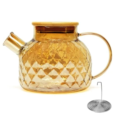 Afbeelding van Belle Vous Getextureerd Glazen Theepot met Bamboe Deksel 1 l Borosilicaat Kan &amp; Zeef Inleg/Verwijderbaar Filter Werkblad Veilige Ketel Trechter voor Losse Bladeren/Theebloemen