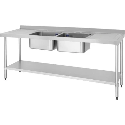 Afbeelding van Vogue RVS spoeltafel dubbele spoelbak afdruiprek links en rechts 210x60cm