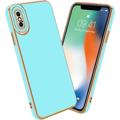 Afbeelding van Cadorabo Hoesje geschikt voor Apple iPhone X / XS in Glossy Turqouise Rose Goud Beschermhoes van flexibel TPU silicone Case Cover en met camerabescherming