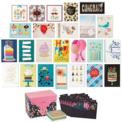 Afbeelding van Hallmark Set van 24 verschillende handgemaakte wenskaarten, modern bloemenpatroon, verjaardagskaarten, babyshower, bruiloft, condoleancekaarten