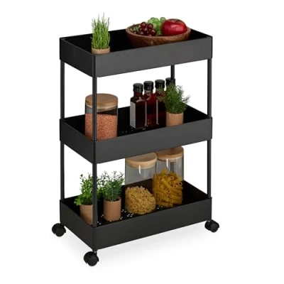 Afbeelding van Relaxdays keuken trolley met wieltjes 3 laags badkamer kunststof serveerwagen zwart