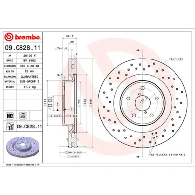 Afbeelding van BREMBO 09.C828.11 Remschijf 340 30 5 geperforeerd/interne ventilatie Gecoat High carbon SUBARU: WRX Saloon