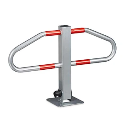 Image de Relaxdays 10020486 Barrière de parking rabbatable HxlxP: 47 x 70 18 cm poteau manuel en métal avec 2 clés à fixer pour les voitures autocollants rouges, Gris/Rouge