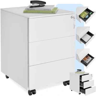 Afbeelding van tectake® Office metalen archiefkast op wielen afsluitbare ladekast met lades voor bureau rolcontainer organizer trolleykast afsluitbaar (wit)