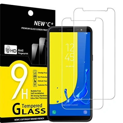 Afbeelding van NEW&#039;C Displaybeschermfolie van gehard glas voor Samsung Galaxy J6 2018 (SM J600F), zonder luchtbellen, zeer robuust (0,33 mm HD ultra transparant), hardheid 9H, 2 stuks
