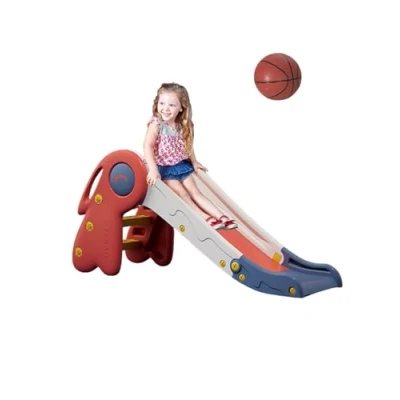 Afbeelding van Glijbaan voor kinderen, opvouwbaar, met helling binnen en buiten, tuin, basketbalmand, antislip trappen spelen, multifunctioneel, veilig. Rood