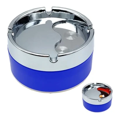 Afbeelding van Ronde draaibare asbak, moderne kleurrijke tafelasbak met deksel om te openen voor sigarettenvak, as en peuken in de tuin, bar, kantoor, thuis (blauw)