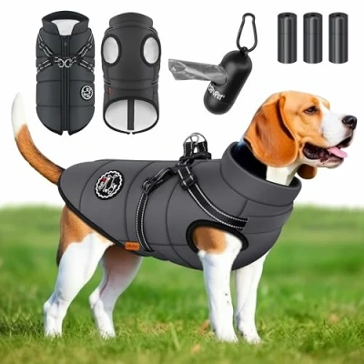 Afbeelding van LOVPET® Hondenjas Hondenvacht Met Harnas Waterafstotend, incl. 45 Stuks Poepzak + Dispenser, Winter Vest Hond Waterdicht Gevoerd, Gewatteerd Borstband, Reflectoren, D Ring Antraciet / 3XL