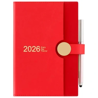 Afbeelding van Schoolagenda 2026, DIN A5, één pagina per dag, januari 2026 tot december dagplanner voor 12 maanden, hardcover met pen (rood)