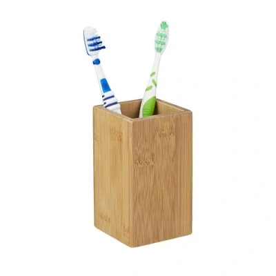 Afbeelding van Relaxdays tandenborstelhouder bamboe tandenborstelbeker hout badkamer beker vierkant