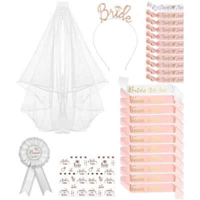 Afbeelding van 27 stuks vrijgezellenfeest, accessoires, EVJF Team Bride met sluier, bruid, hoofdband, diadeem, badge, toekomstige teambruid, sjaal, armbanden, tatoeage