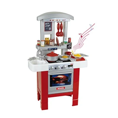 Afbeelding van Klein Toys Miele Starter keuken 27x57x90 cm oven, vaatwasser, afzuigkap, spoelbak, voedsel replica&#039;s, kook en eetgerei incl. geluidseffecten rood grijs
