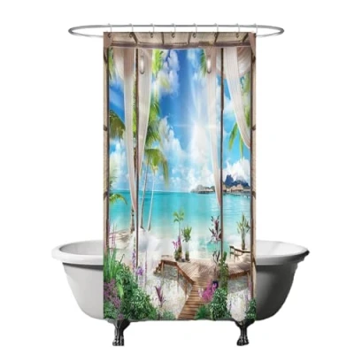Afbeelding van Ulticool Douchegordijn Doorkijk Strand Zee Natuur 120 x 200 cm met 8 ringen Blauw Wit Groen