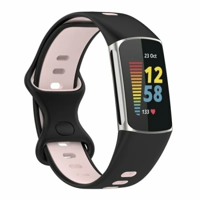 Afbeelding van FitBit Charge 5 &amp; 6 Sportbandje met dubbele lus Zwart / roze Tweekleurig Maat: L