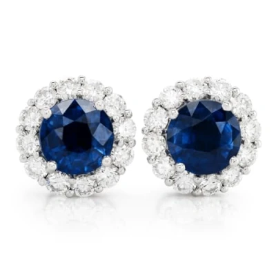 Afbeelding van Crystalline Azuria Dames 18 kt Witgoud Verguld Ronde Blauwe Gesimuleerde Saffier Zirkonia Kristallen Oorknopjes