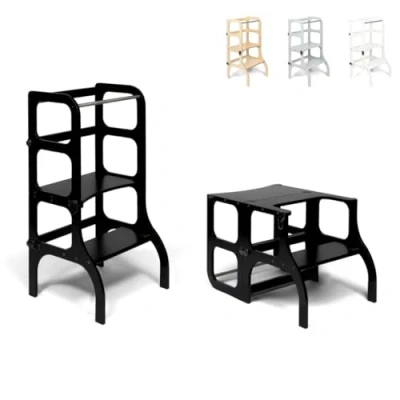 Afbeelding van Ette Tete Step &#039;n Sit Leertoren Zwart met zwarte clips Inklapbaar tot tafel en stoel Learning Tower Montessori inspired Keukentrap Keukenhulp Leerstoel Veilig Duurzaam