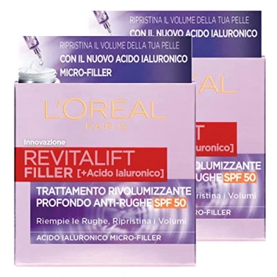 Afbeelding van L&#039;Oréal Paris Revitalift Filler dagcrème, diepe volumebehandeling, anti rimpel, bescherming SPF50, met hyaluronzuur microfiller, 2 potten van 50 ml