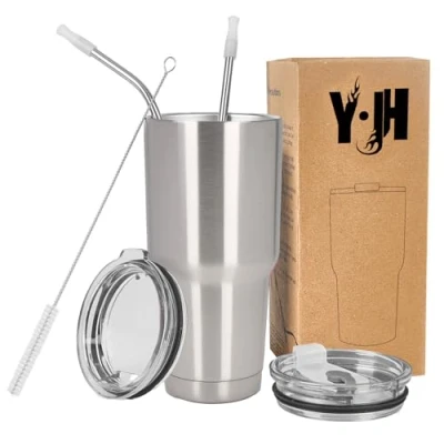 Afbeelding van Y·J&amp;H 850 ml reisbeker, dubbelwandig, vacuüm geïsoleerd, roestvrij staal, met 2 spatdeksels, rietjes en afvoerborstel, BPA vrij, zilverkleurig