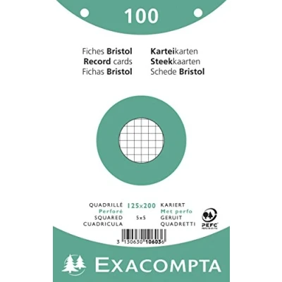 Image de Exacompta Réf. 10603E Paquet de 100 fiches bristol quadrillées 5x5 perforées sous film compatibles avec imprimante jet d&#039;encre, laser et photocopieur format 125 x 200 mm couleur blanc