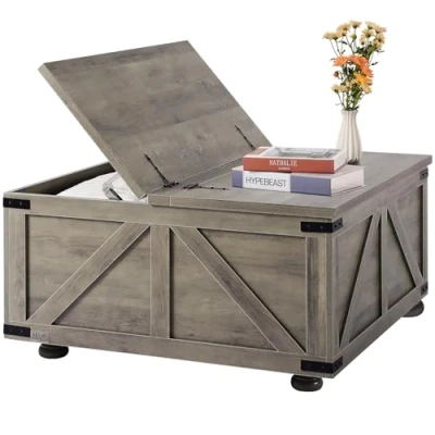 Image de VEVOR table basse de salon carrée à charnière rangement 914 mm gris marron