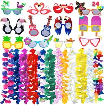 Afbeelding van JOYIN 12 stuks Luau zonnebril en Hawaïaanse Leis slinger, bloemenslinger, fantasiezonnebril voor verjaardag, zomer, strand, feestdecoratie