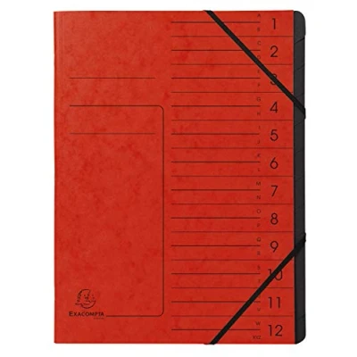Afbeelding van Exacompta Ref. 541205E 1 Sorteermap met vaste rug en elastosluiting cover gedrukt in glanzend karton binnenin zwart gerecycleerd 12 vakken formaat 24,5x 32 cm A4 kleur rood