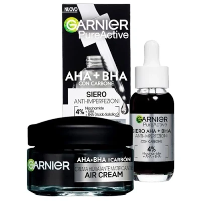 Afbeelding van Garnier Air Cream Hydraterende gezichtscrème, matterend, AHA BHA met houtskool, 50 ml + PureActive anti imperfectieserum niacinamide, BHA, behandeling van puistjes, 30