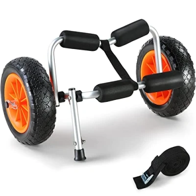 Afbeelding van VEVOR Kajakwagen, 113 kg, opvouwbaar, met volle wielen, 25,4 cm, antislip steunvoet en sjorriem voor kajaks, kano&#039;s, peddelplanken, drijvende matten, boten